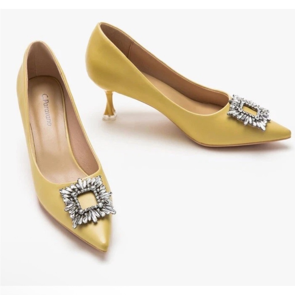 New C. Paravano Jeweled Buckle Pointed Toe Yellow Leather‎ Shoes 6.5